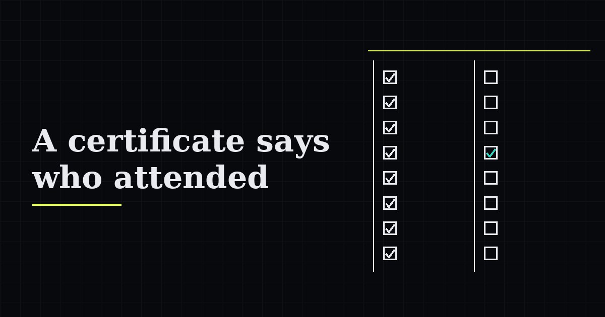 Card: A certificate says who attended, with an attendance sheet beside an open verification record